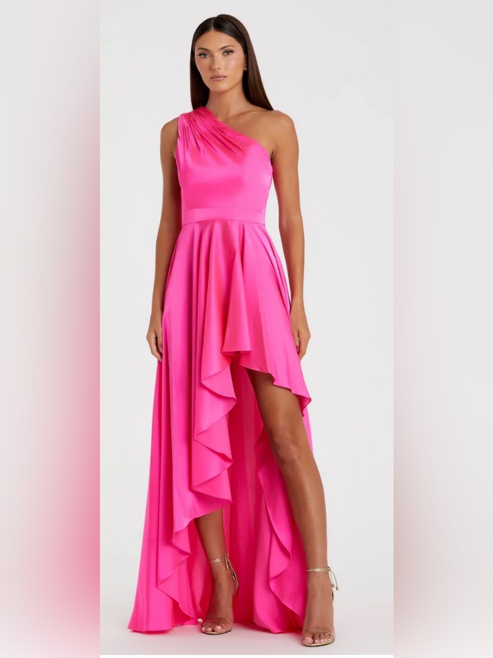 Mac Duggal One-Shoulder Hot Pink High-Low Ruffle Gown